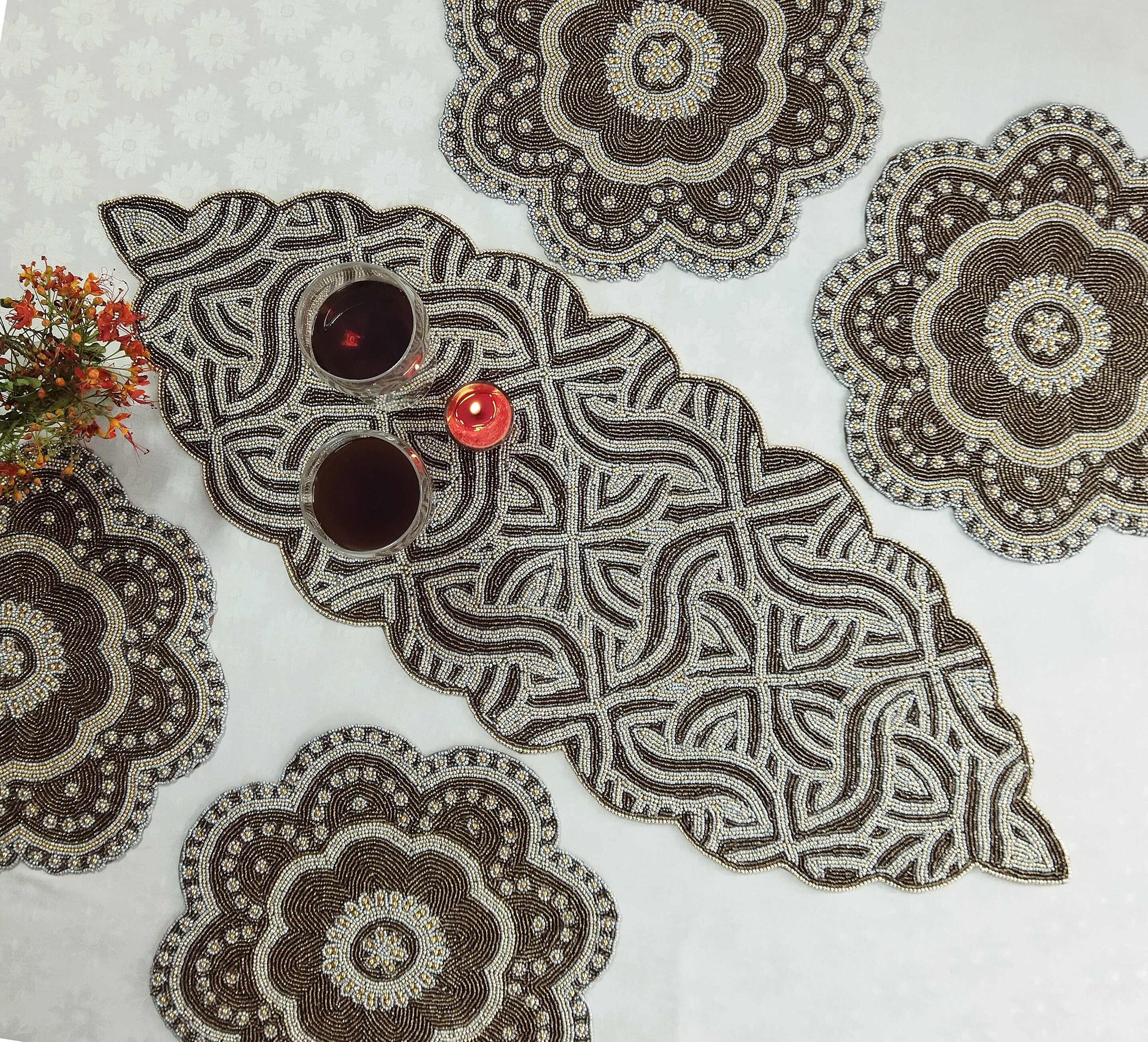 Brown Geometrical Pattern Handmade Beaded Table Runner, Matching placemats also available