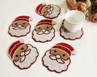Posavasos con cuentas de cara de Papá Noel hechos a mano - Conjunto de 6