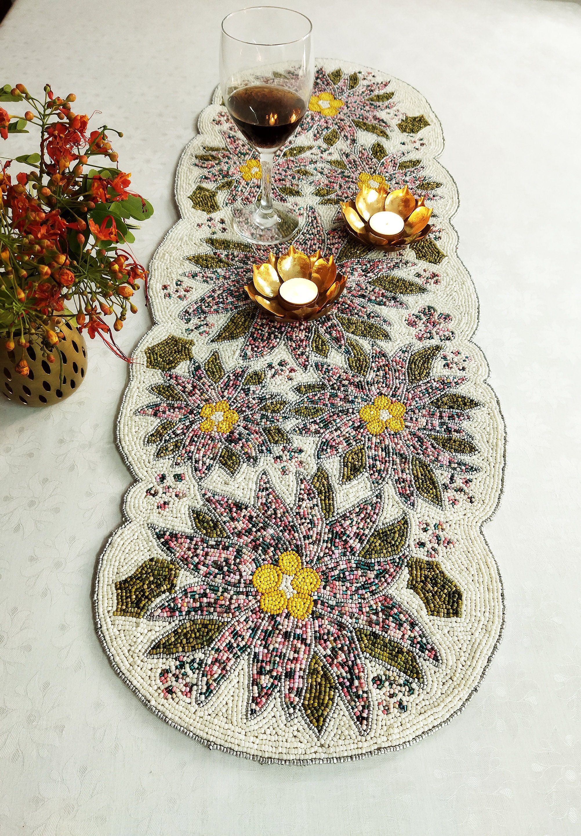 Multicolor Handmade Beaded Flowers Table Runner - Etsy
