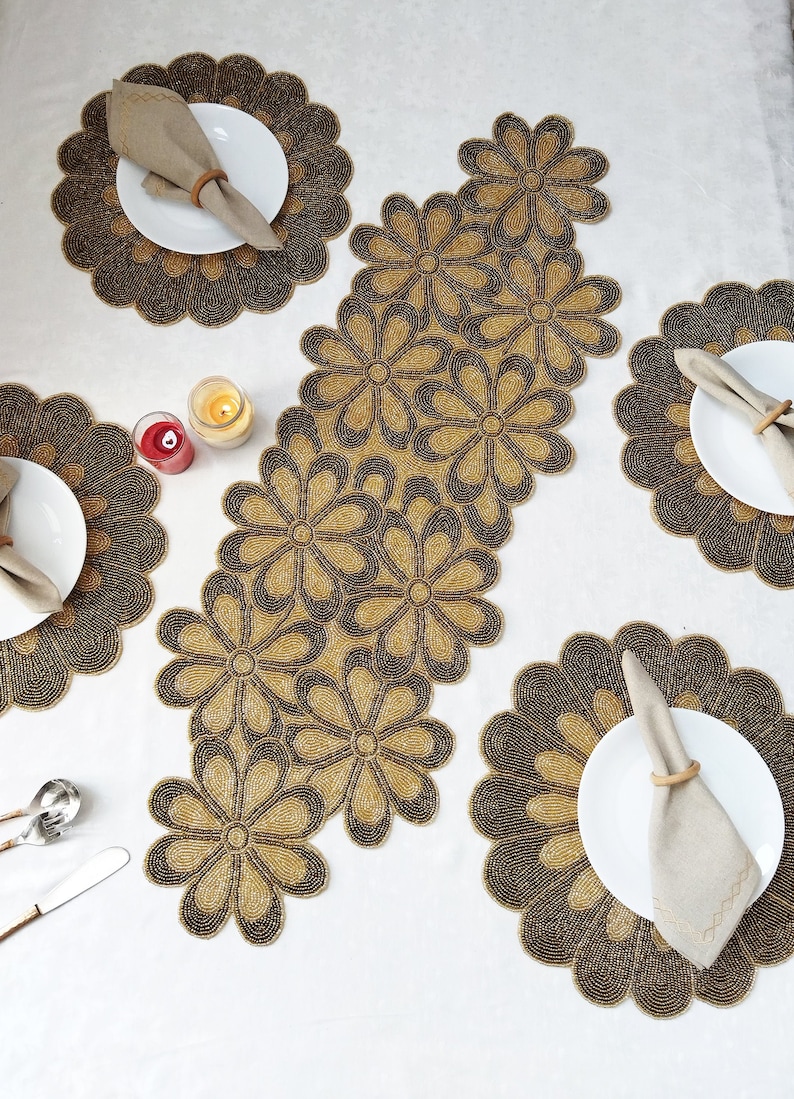 Handmade Gold Flower Beaded Table Runner. Matching Placemats Etsy