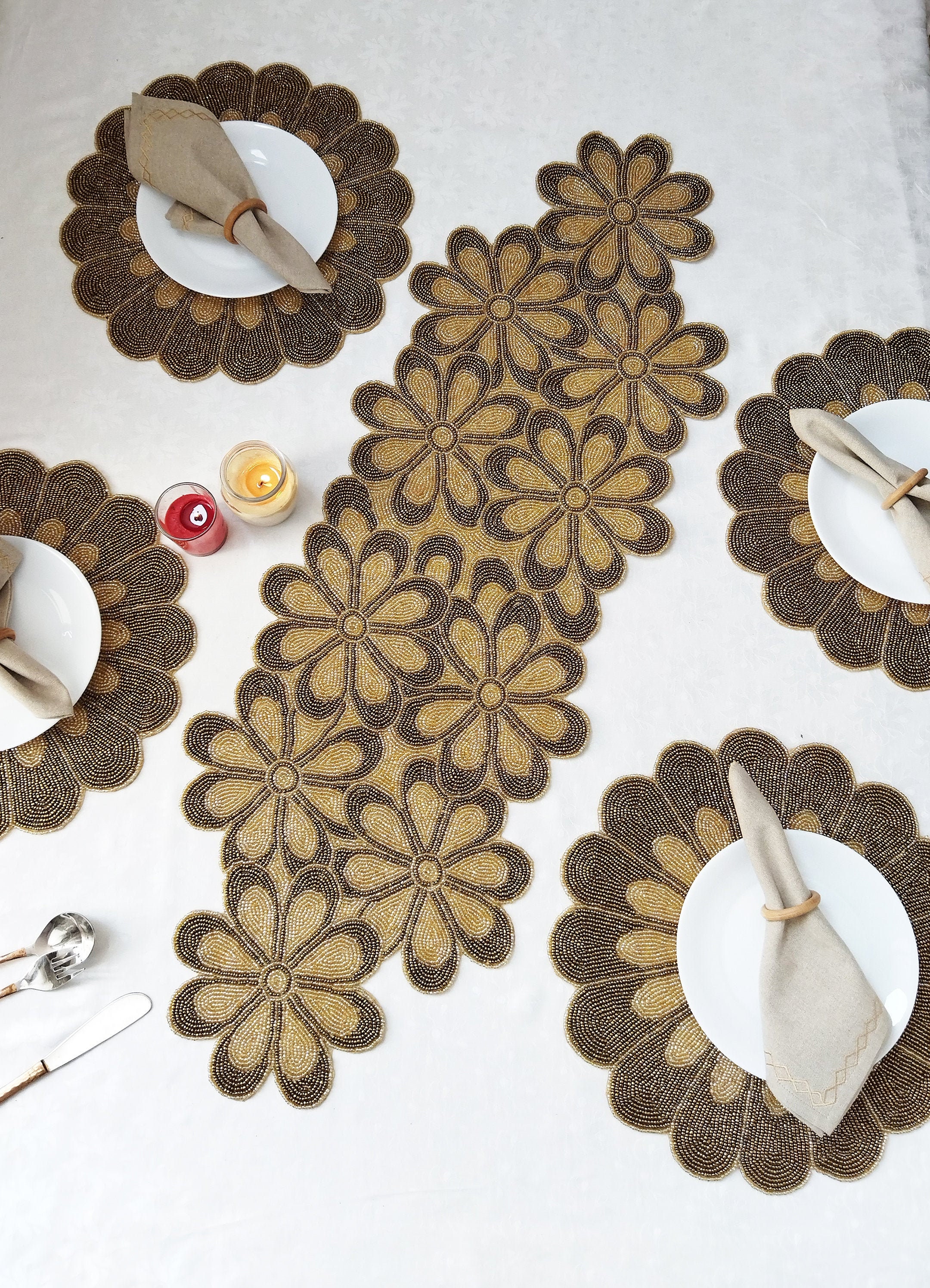 Handmade Gold Flower Beaded Table Runner. Matching Placemats Etsy