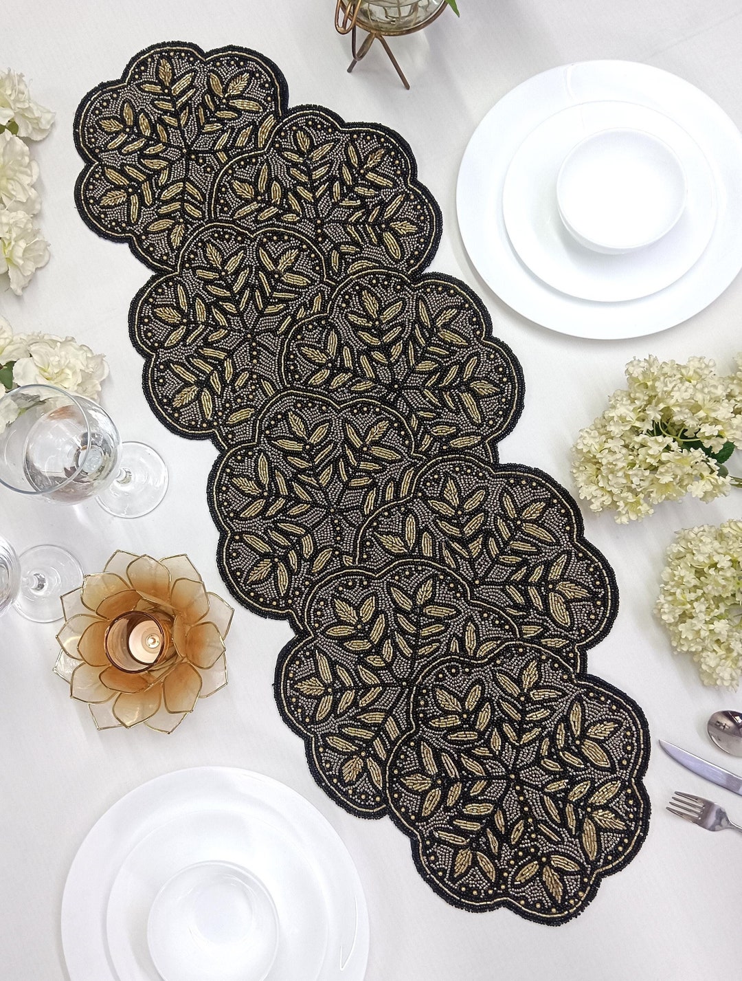 Black and Gold Handmade Beaded Table Runner - Etsy