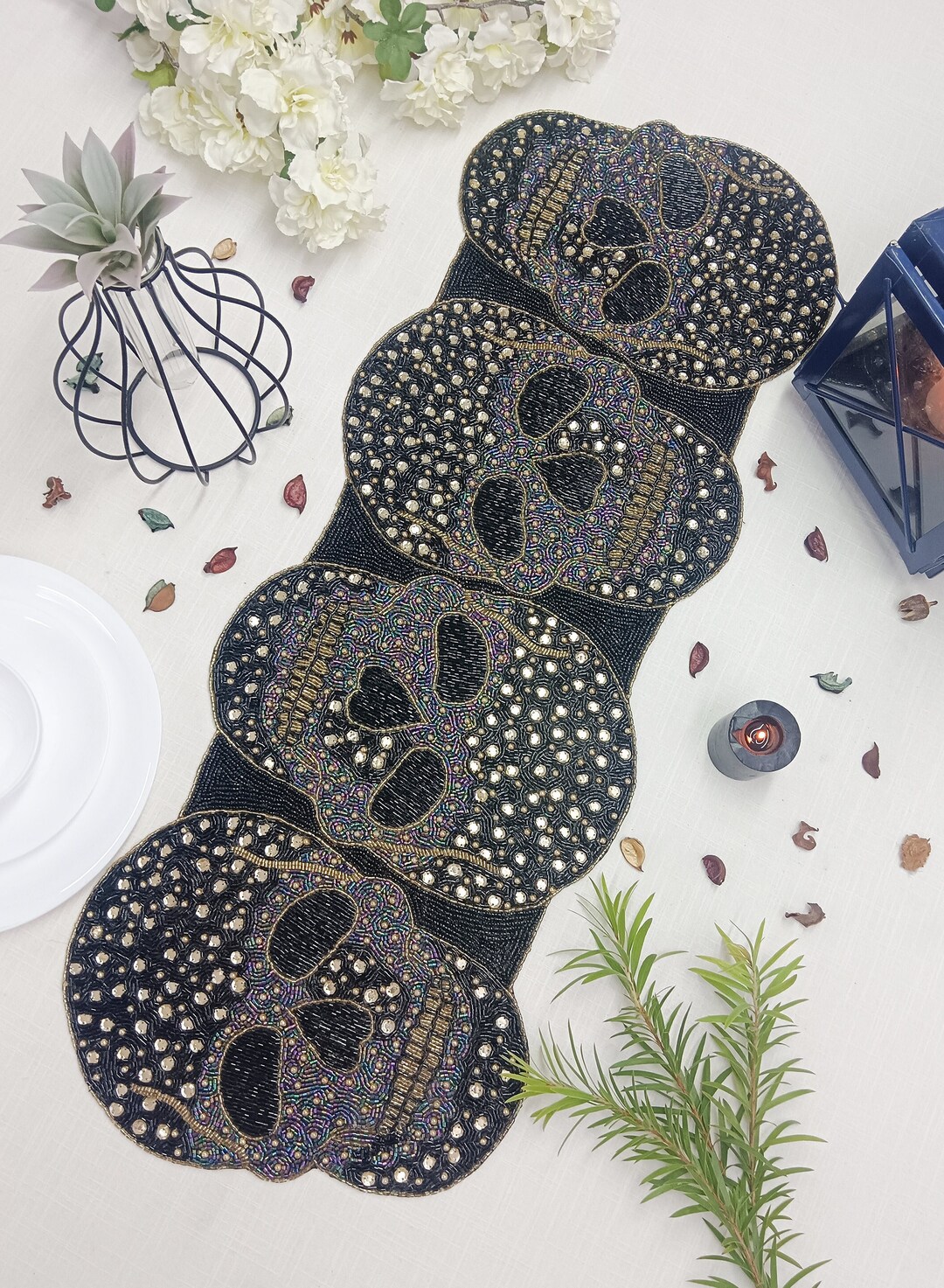 Decorative Black Skulls Handmade Beaded Table Runner - Etsy