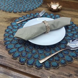 Handmade Blue Dahlia Flower Table Center piece // Beaded Charger Placemats //  Decorative mat // Gift for her //  House warming gift