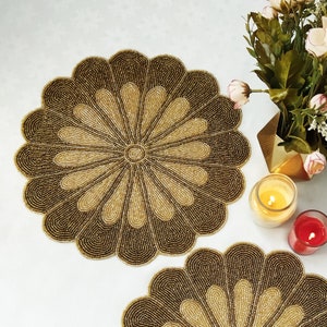 Handmade gold flower beaded round placemat