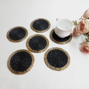 Handmade black and gold round beaded coasters - Set of 6