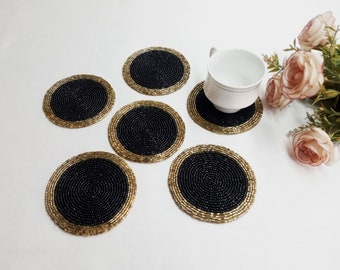 Handmade black and gold round beaded coasters - Set of 6