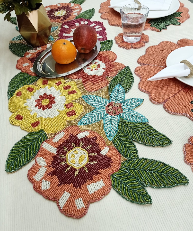 Handmade Peach Flower Beaded Table Runner Set: Floral Placemats ...