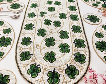 Handmade Clover Beaded Green & Gold Table Runner | Festive Dining Decor | Lucky Leaf Beadwork Mats. Matching placemats also available.