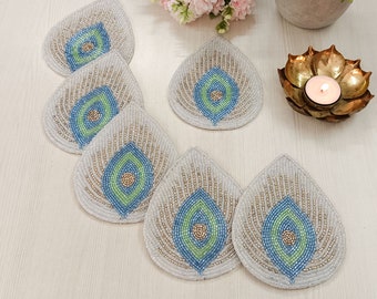 Set of 6 handmade beaded peacock's feather coasters