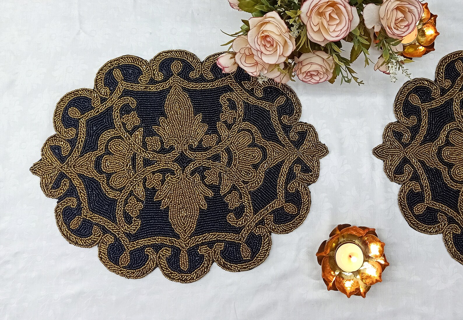 Handmade black & gold ornate design beaded round placemat Etsy