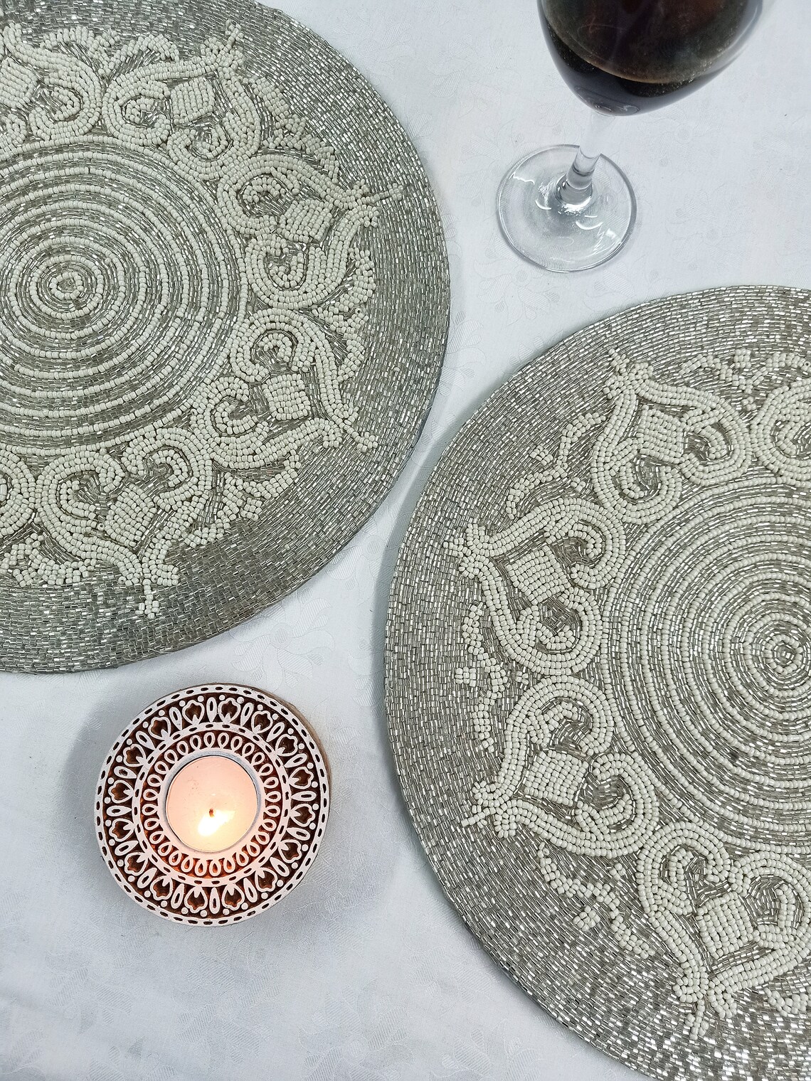 Handmade silver and white ornate design beaded round placemat Etsy