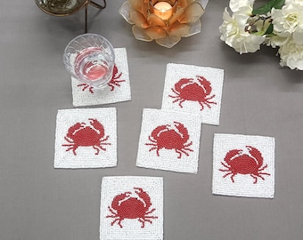 Set of 6 handmade white - red beaded crab square coasters