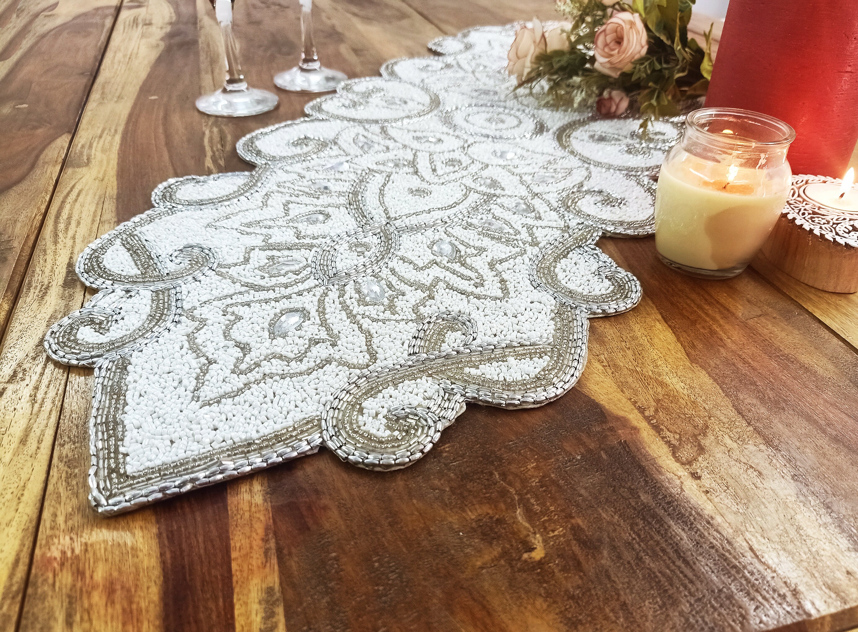 White and Silver Handmade Beaded Runner Etsy