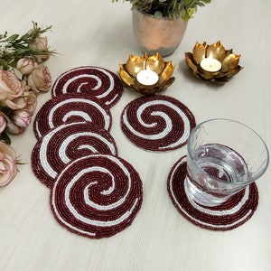 Handmade Red and White Swirl Beaded Coasters - Set of 6
