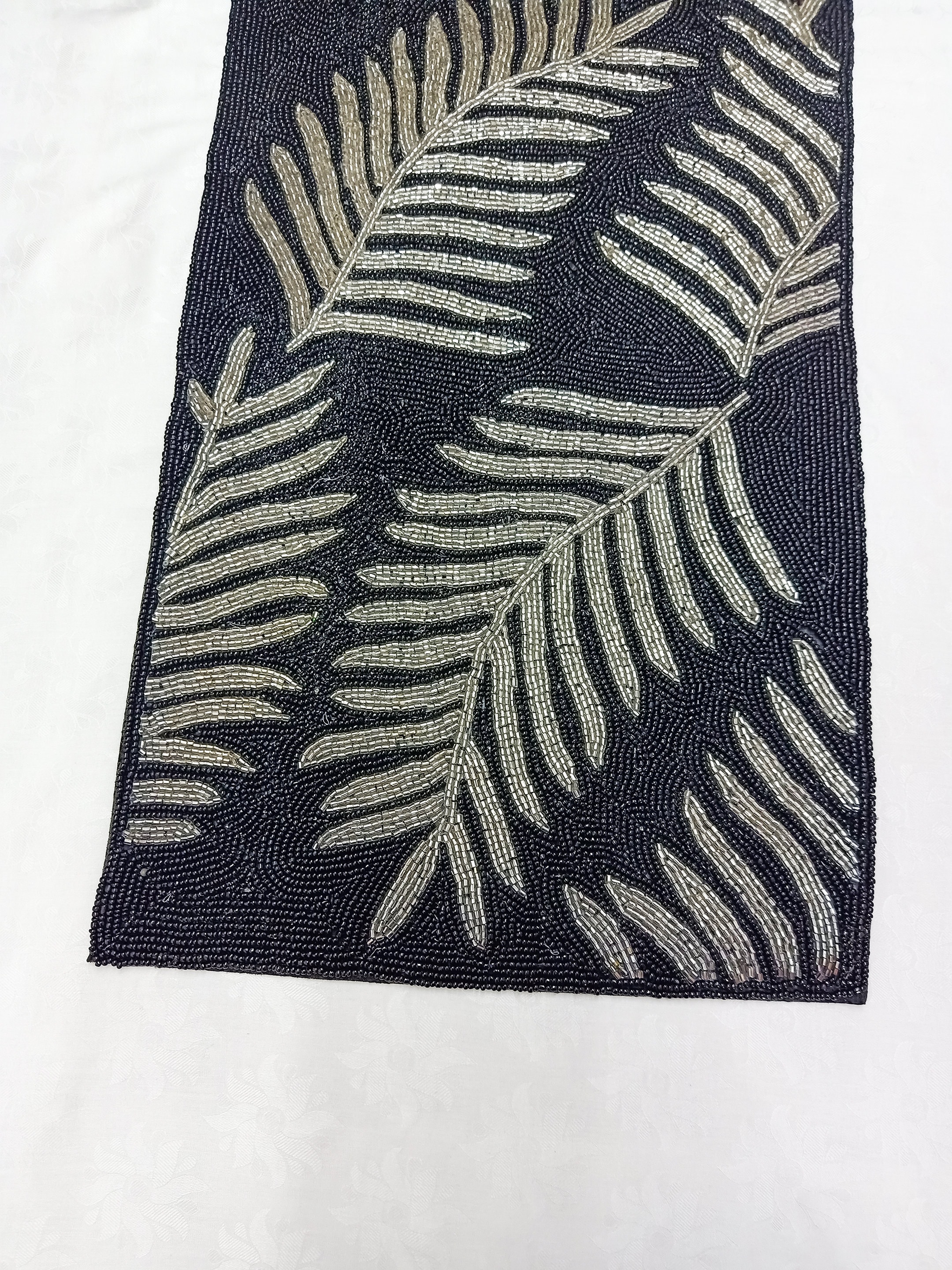 Black With Silver Leaves Handmade Beaded Table Runner Etsy India