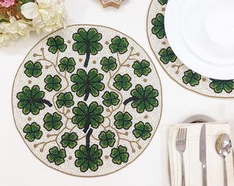 Handmade Clover Beaded Green & Gold Table Mats | Lucky Leaf Dining Decor | White Beadwork Table Setting
