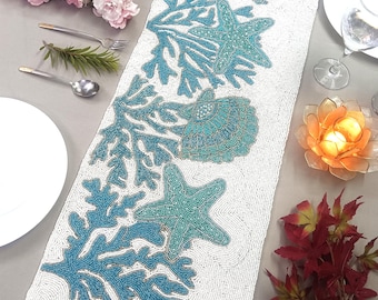Beaded Table Runner | Coral Starfish & Seashell Design | Handmade Beach Table Decor | Coastal Nautical Runner | 13"x36"