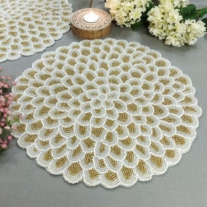 Handmade White and Gold  Dahlia Flower Beaded Placemat