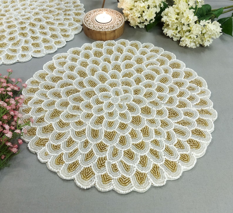 Handmade White and Gold Dahlia Flower Beaded Placemat