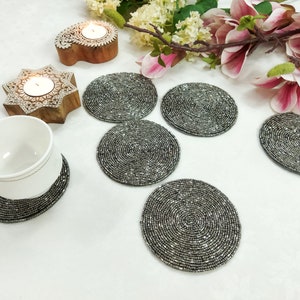 Posavasos con cuentas de plata y peltre hechos a mano - Juego de 6