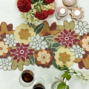 Multicolor Flowers With Leaves Handmade Beaded  Runner