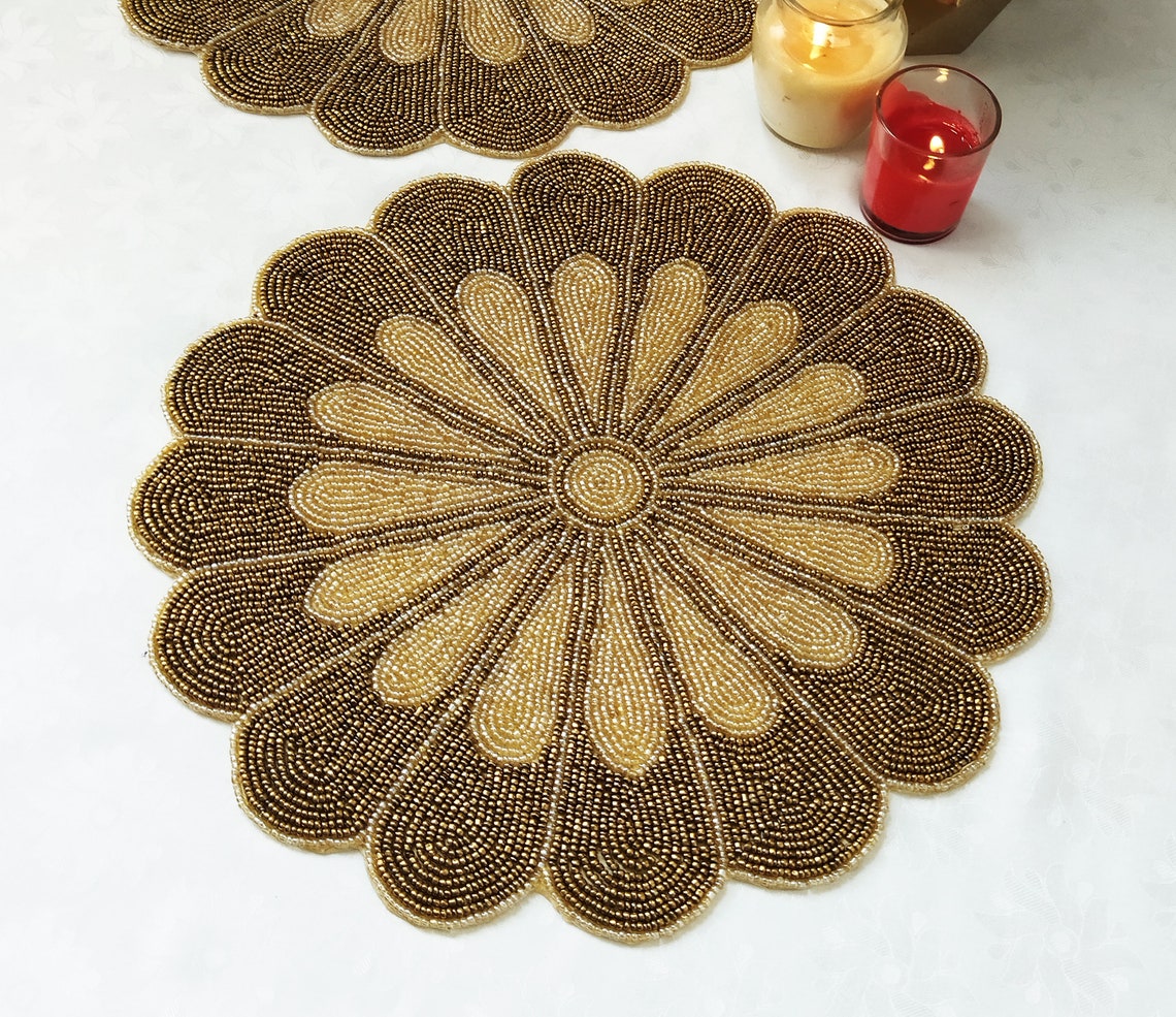 Handmade Gold Flower Beaded Table Runner. Matching Placemats Etsy