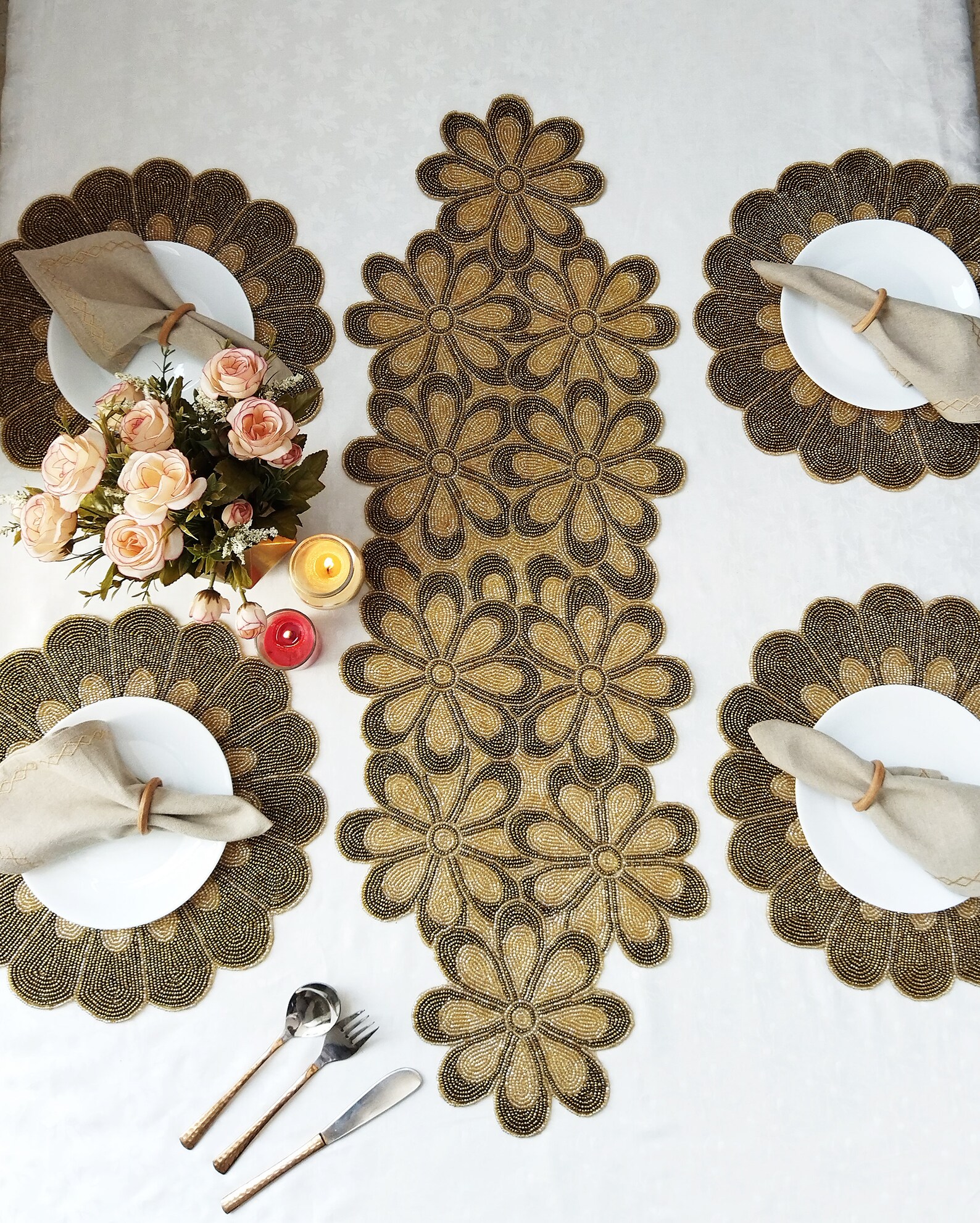 Handmade Gold Flower Beaded Table Runner. Matching Placemats Etsy