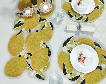 Handmade Lemons Beaded Runner.Matching placemats also available