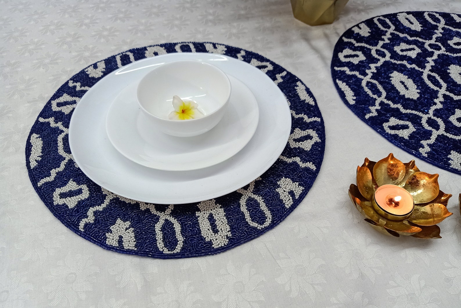 Handmade Blue White Beaded Placemat Etsy