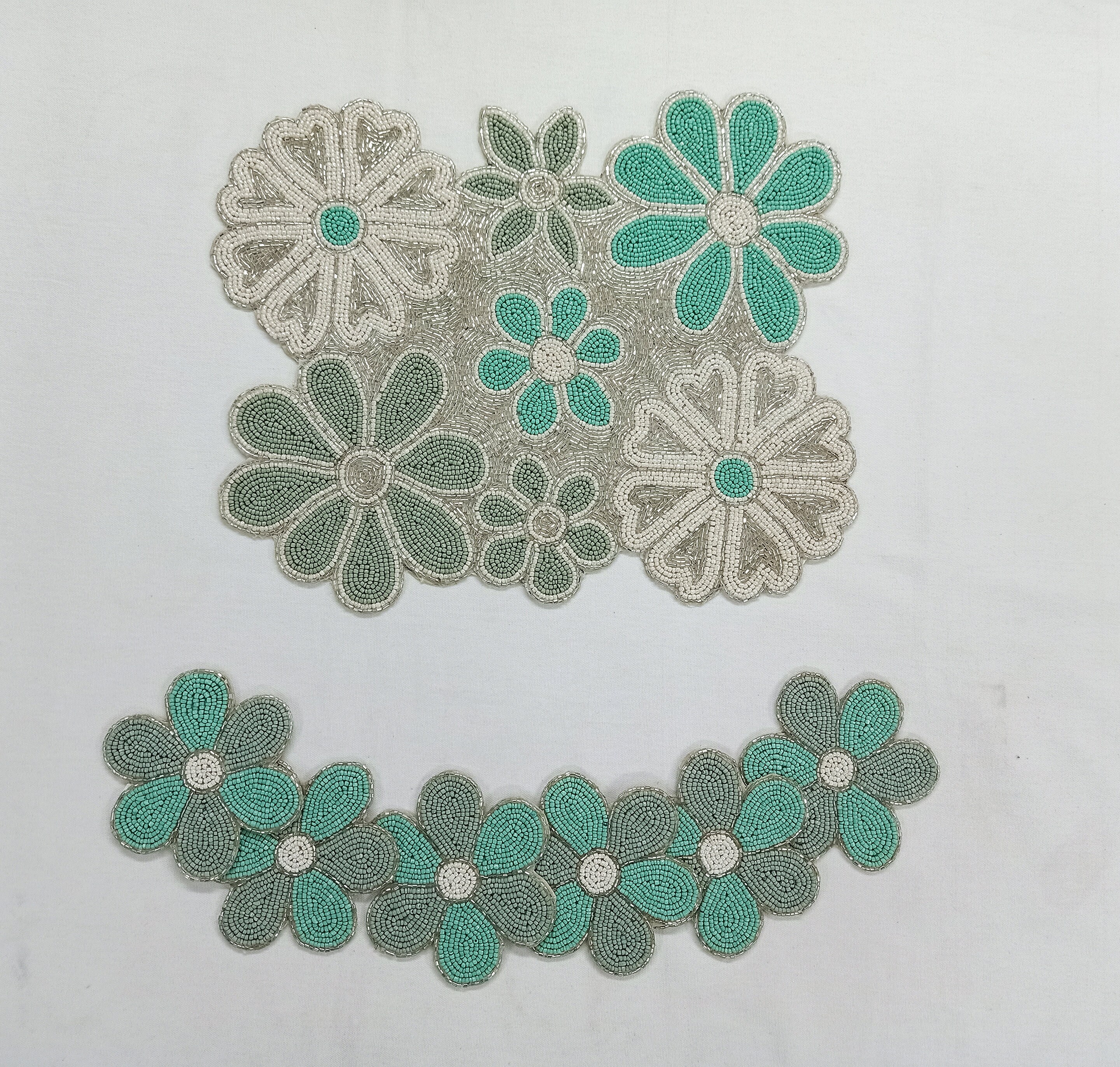 Handmade Aqua Blue Silver Flower Beaded Table Runner Set Etsy Australia