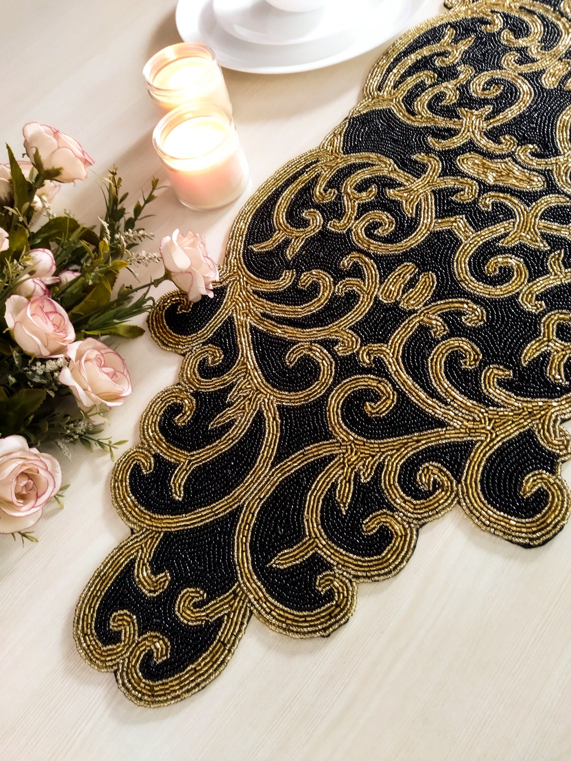 Black and Gold Handmade Beaded Table Runner - Etsy