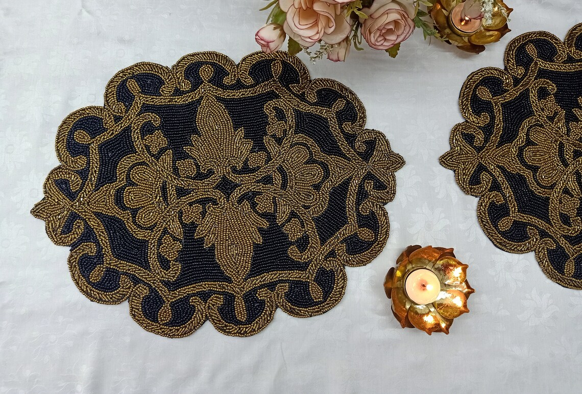 Handmade black & gold ornate design beaded round placemat Etsy