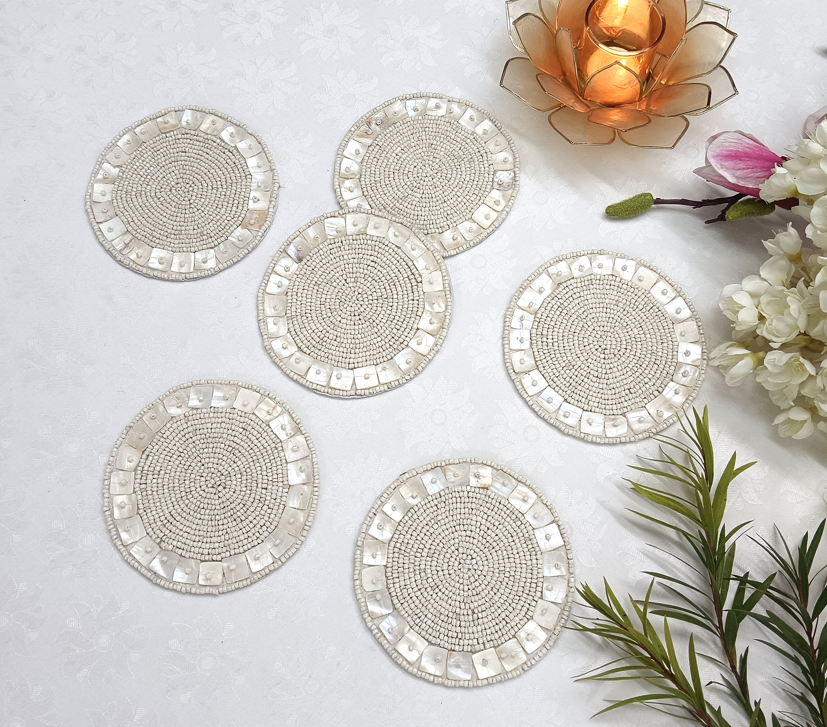 Set of 6 Handmade Mother of Pearls(mops) Beaded Coasters - Etsy