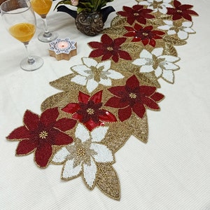Handmade Red & Gold Floral Beaded Table Runner