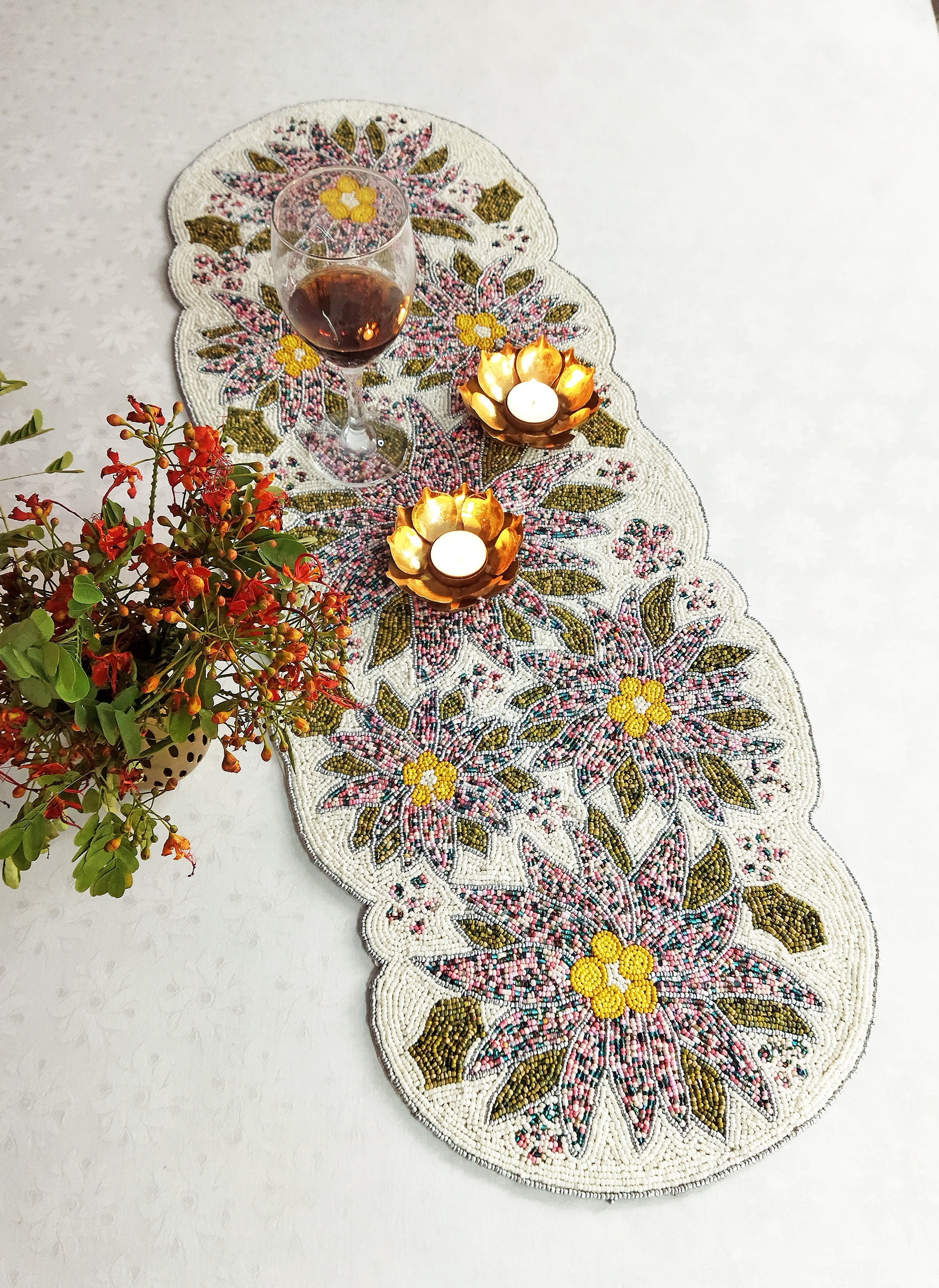 Multicolor Handmade Beaded Flowers Table Runner - Etsy