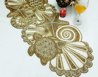 Handmade gold turtle & shell beaded Runner
