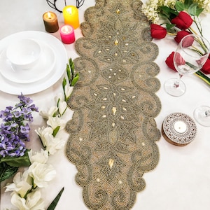 Gold Handmade Beaded Table Runner, Ornate design, Table deco