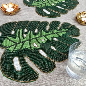 Handmade Green Leaf Beaded Placemat