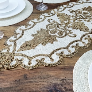 Off white Gold Handmade Beaded Table Runner, Ornate  design, Table decoration