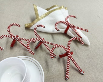 Set of 4  Red and White Christmas Candy Beaded Napkin Rings