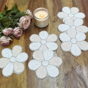 Handmade Cream and Off white Beaded Coaster- Set of 6