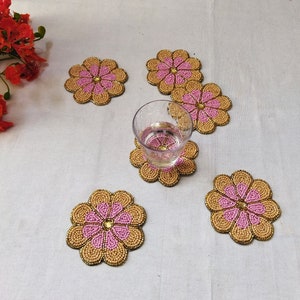Handmade peach flower shape beaded coasters Set of 6 image 3