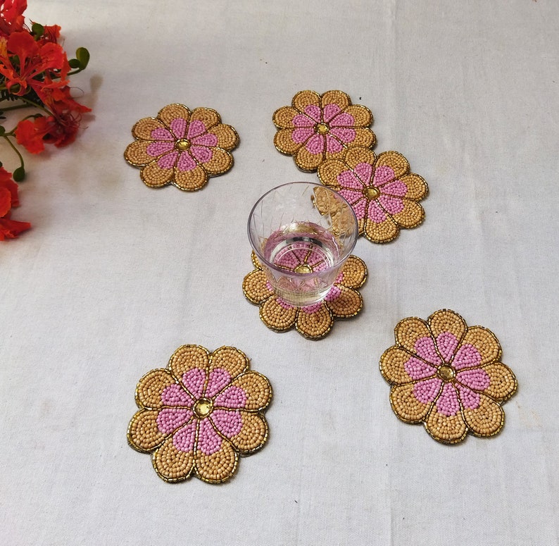 Handmade peach flower shape beaded coasters Set of 6 image 3