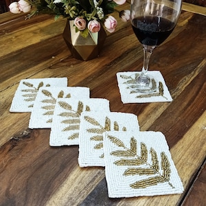 Handmade off-white with gold leaf square beaded coasters - Set of 6