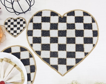 Beaded Heart Placemat, Black White Checkered, Gold Beaded Edge, Table Decor