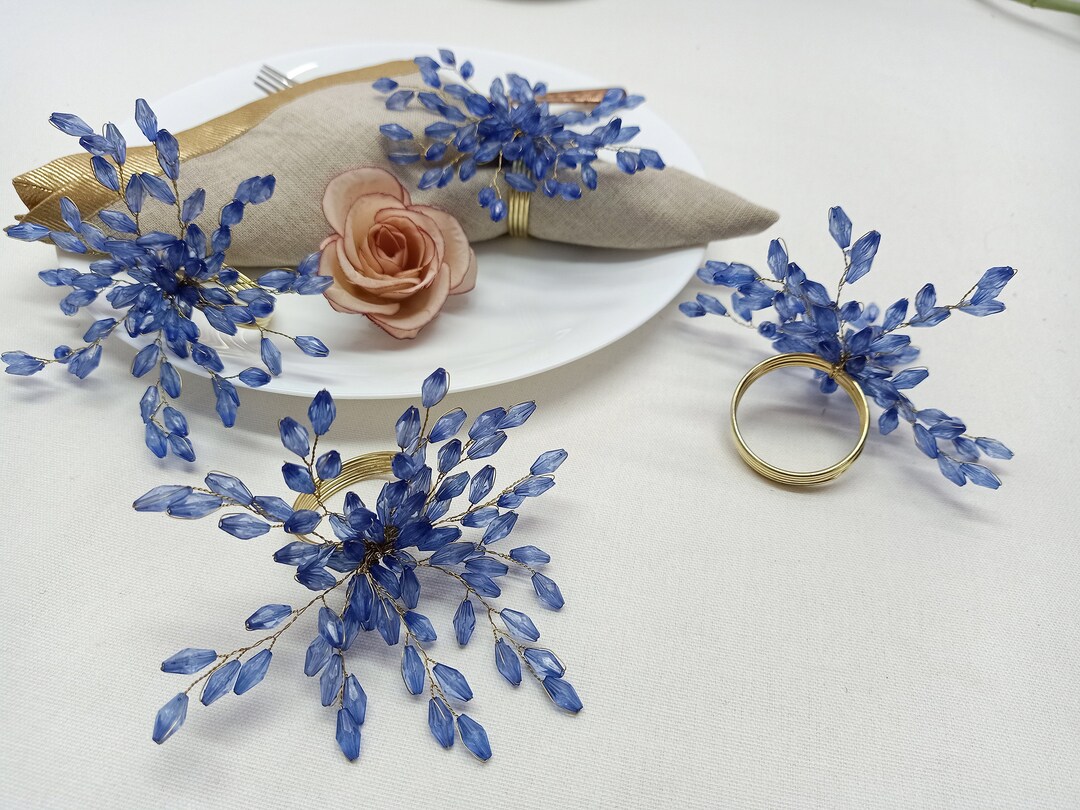 Set of 4 Blue Beaded Napkin Rings Etsy