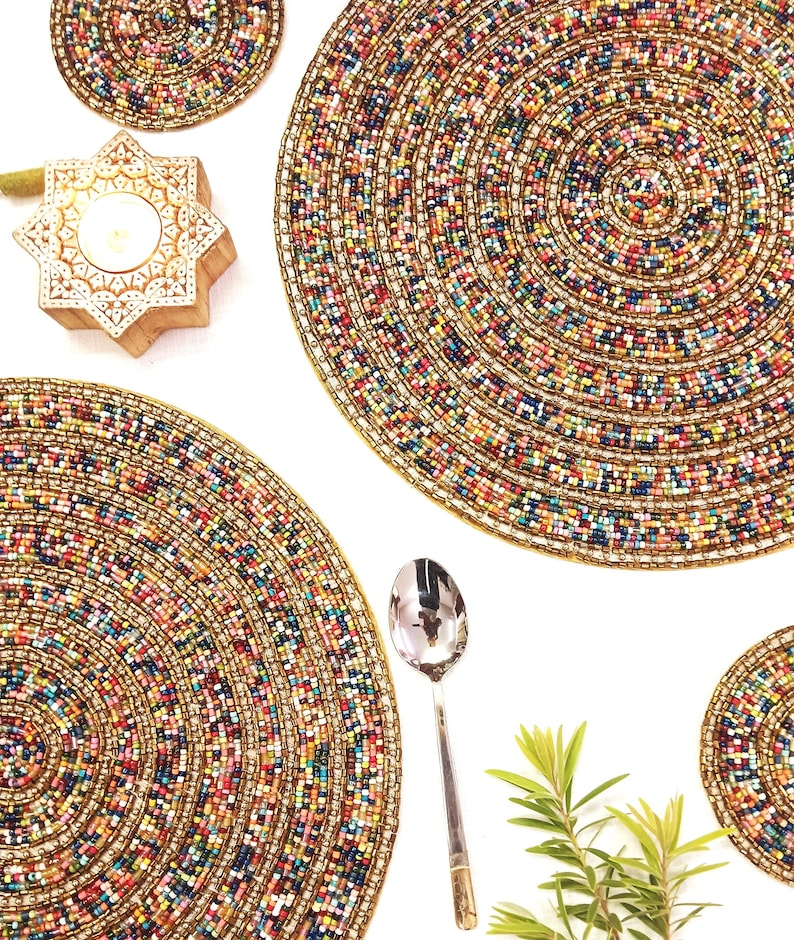 Round Table Mat Large Handmade Multicolor Beaded Placemat Set | Round Table Mats & Coasters I ...