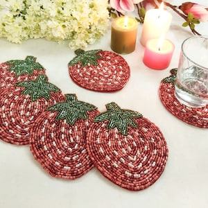 Handmade Strawberry Beaded Coasters - Set of 6
