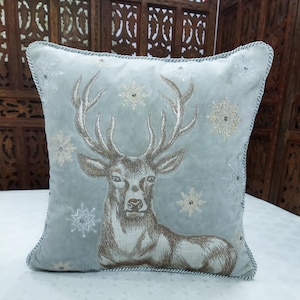 Reindeer silver cotton velvet pillow cover.